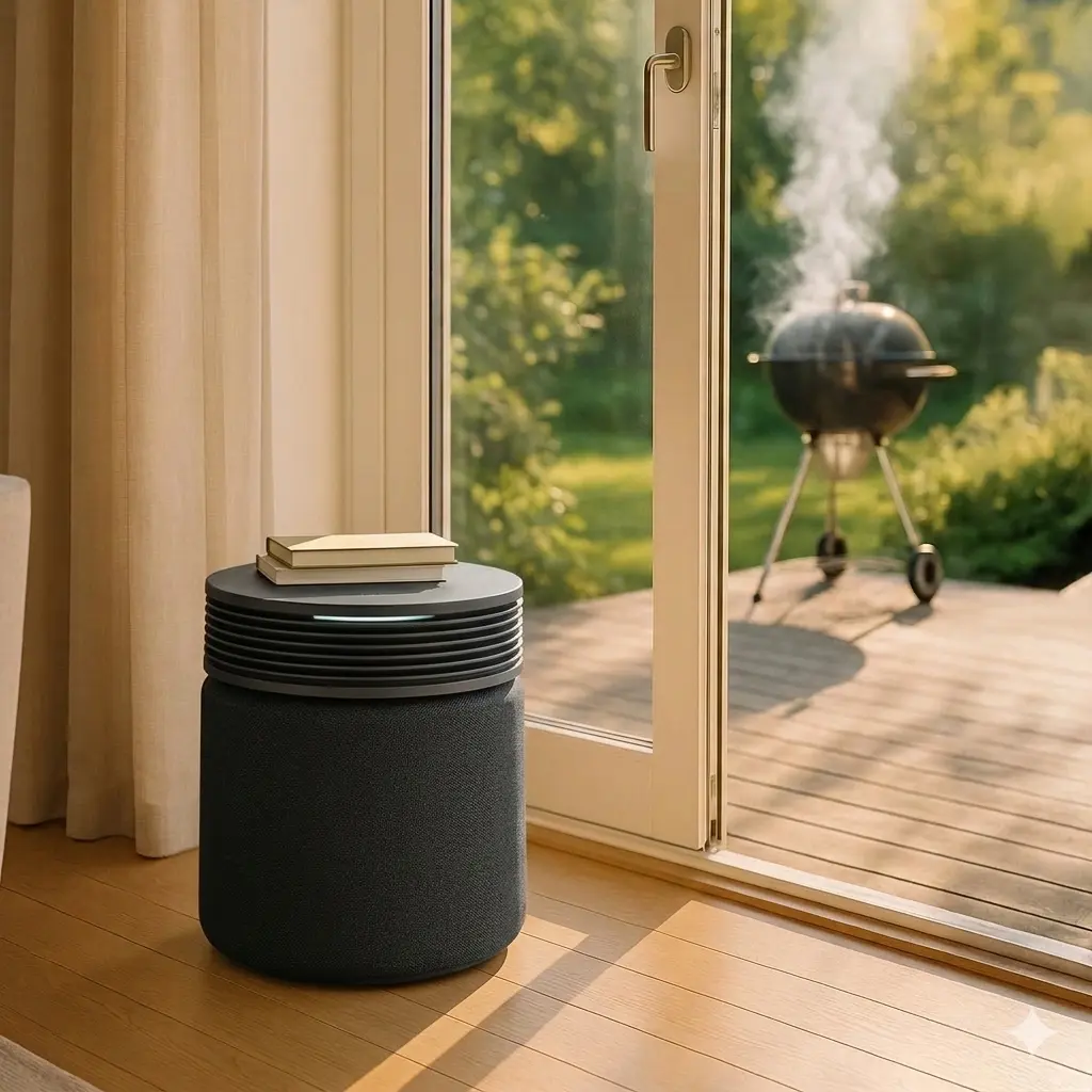 Grill på balkong och Blue Signature Dark luftrenare